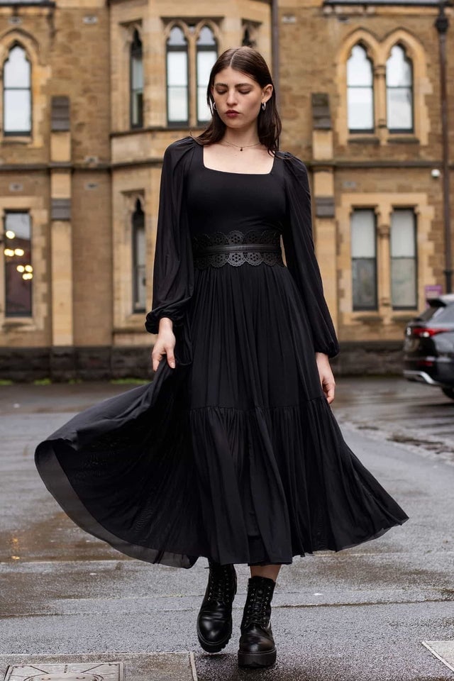 Sheer Lace Sleeve Dress with Wide Belt Sheer Lace Sleeve Dress with Wide Belt — Cute Emo Outfits