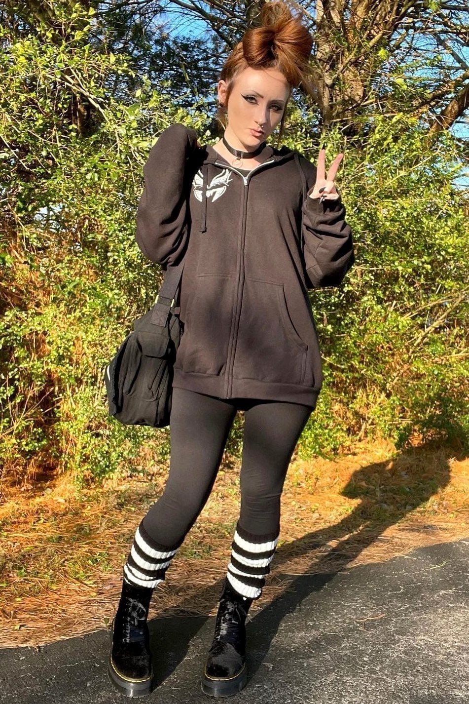Graphic Hoodie with Striped Thigh-Highs Graphic Hoodie with Striped Thigh-Highs — Cute Emo Outfits