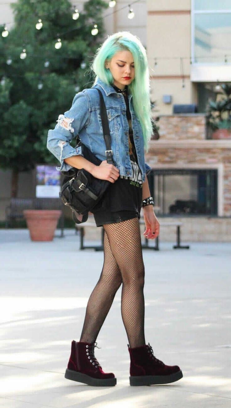 Distressed Denim Jacket and Fishnets Distressed Denim Jacket and Fishnets — Cute Emo Outfits