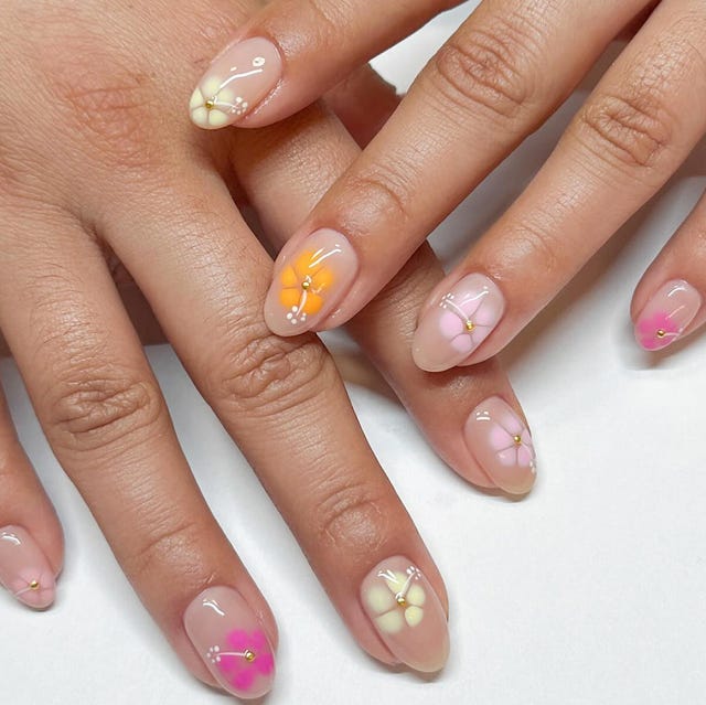 Floral and Gold Bead Medium Almond Nails — Cute Gel X Nails