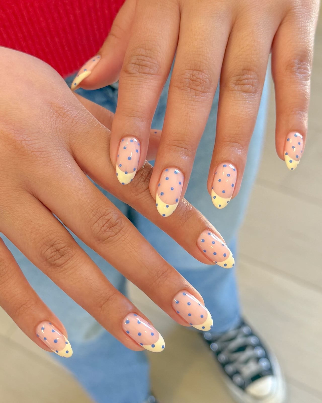 Yellow French Tips with Blue Polka Dots Medium Almond Nails — Cute Gel X Nails