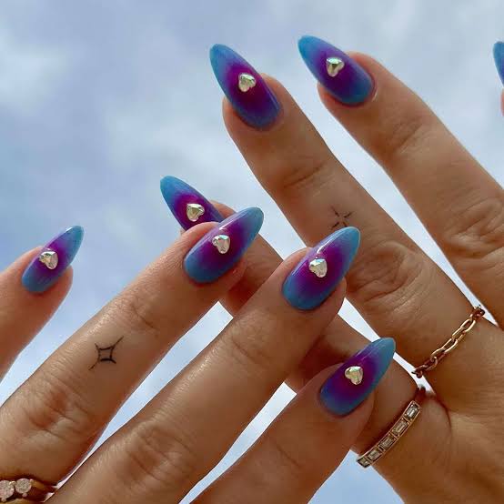 Blue and Purple Gradient with 3D Heart Charms Medium Stiletto Nails — Cute Gel X Nails