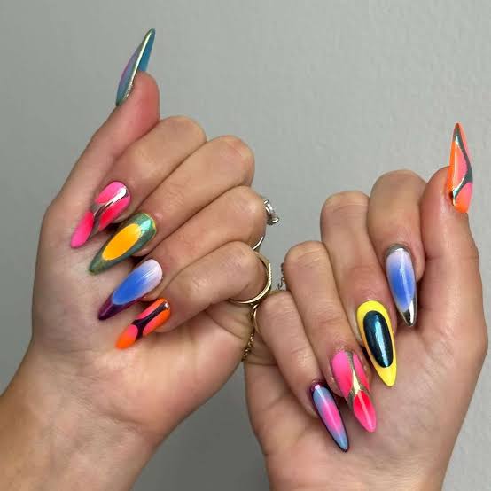 Abstract Chrome and Glossy Long Stiletto Nails — Cute Gel X Nails