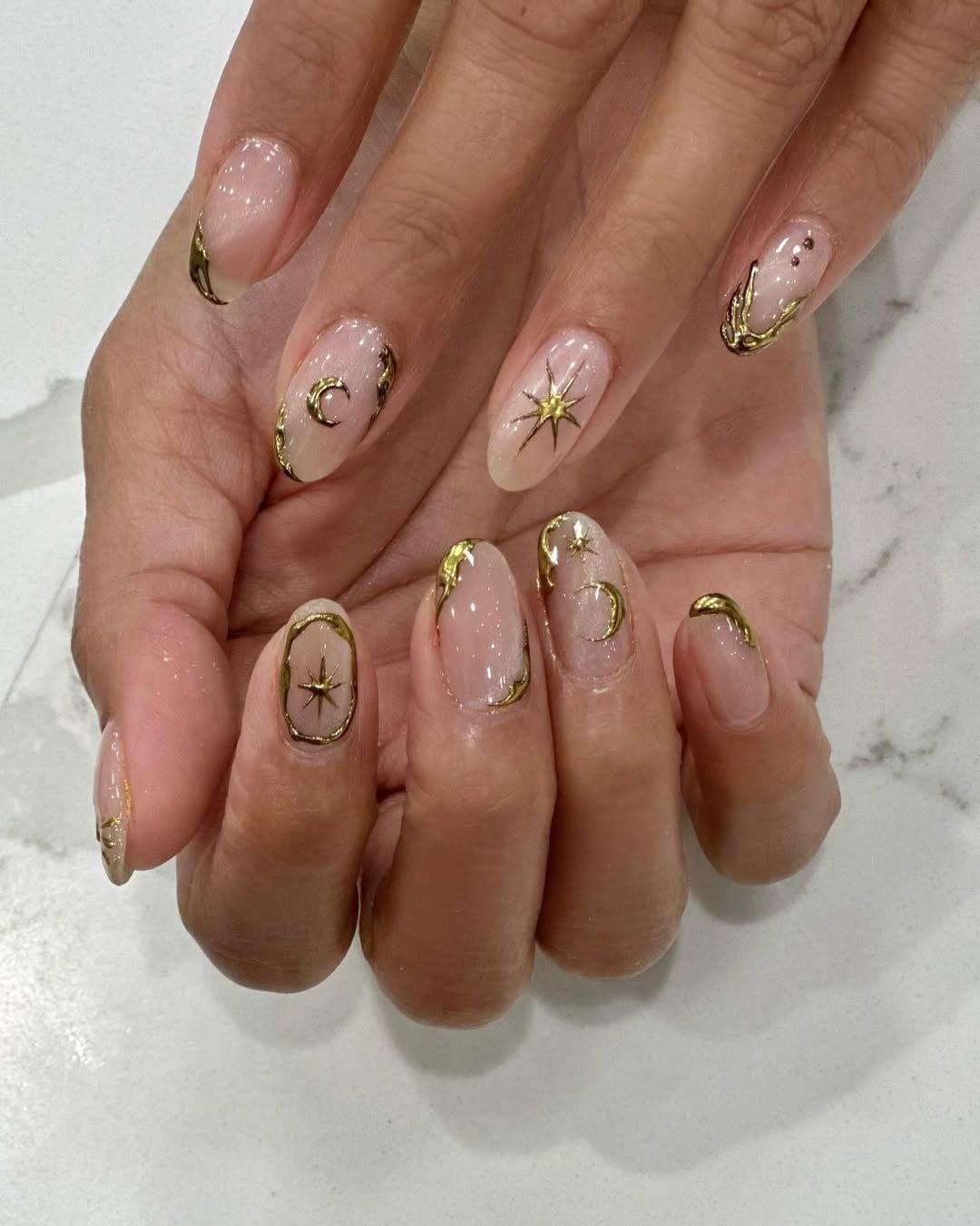 Sheer Nude Celestial Gold Foil Short Oval Nails — Cute Gel X Nails