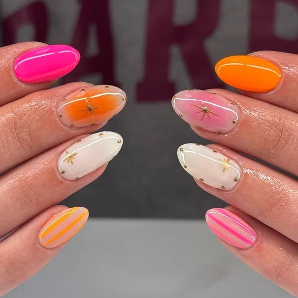 Neon Pink and Orange with Gold Stars Short Oval Nails — Cute Gel X Nails