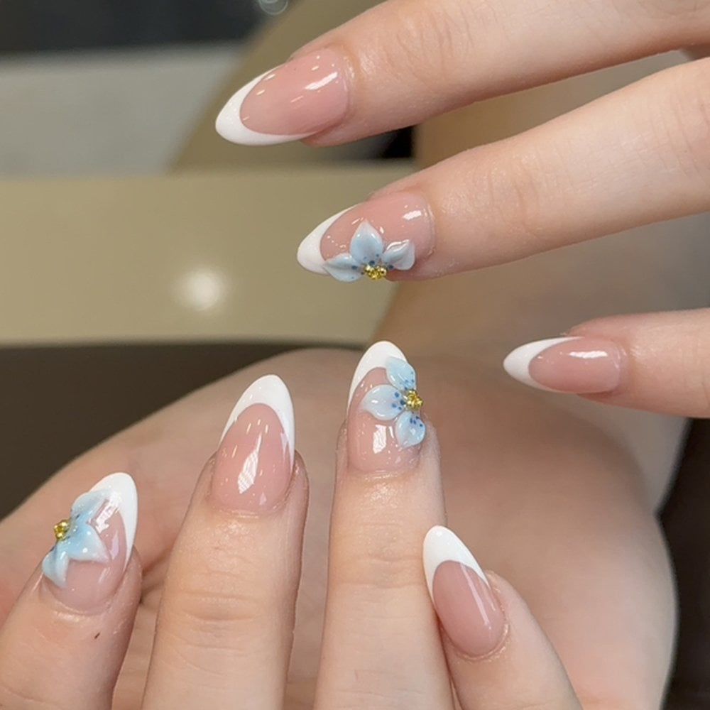 French Manicure with 3D Light Blue Flowers Medium Almond Nails — Cute Gel X Nails