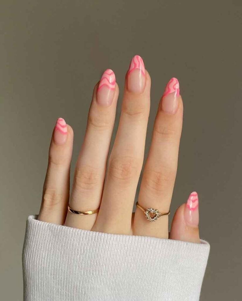 Wavy Pink French Tips Medium Almond Nails — Cute Gel X Nails