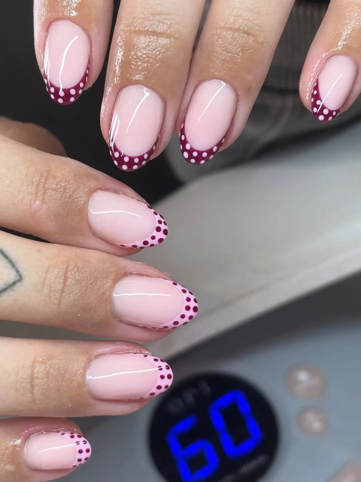 Dark Pink Polka Dot French Medium Oval Nails — Cute Gel X Nails