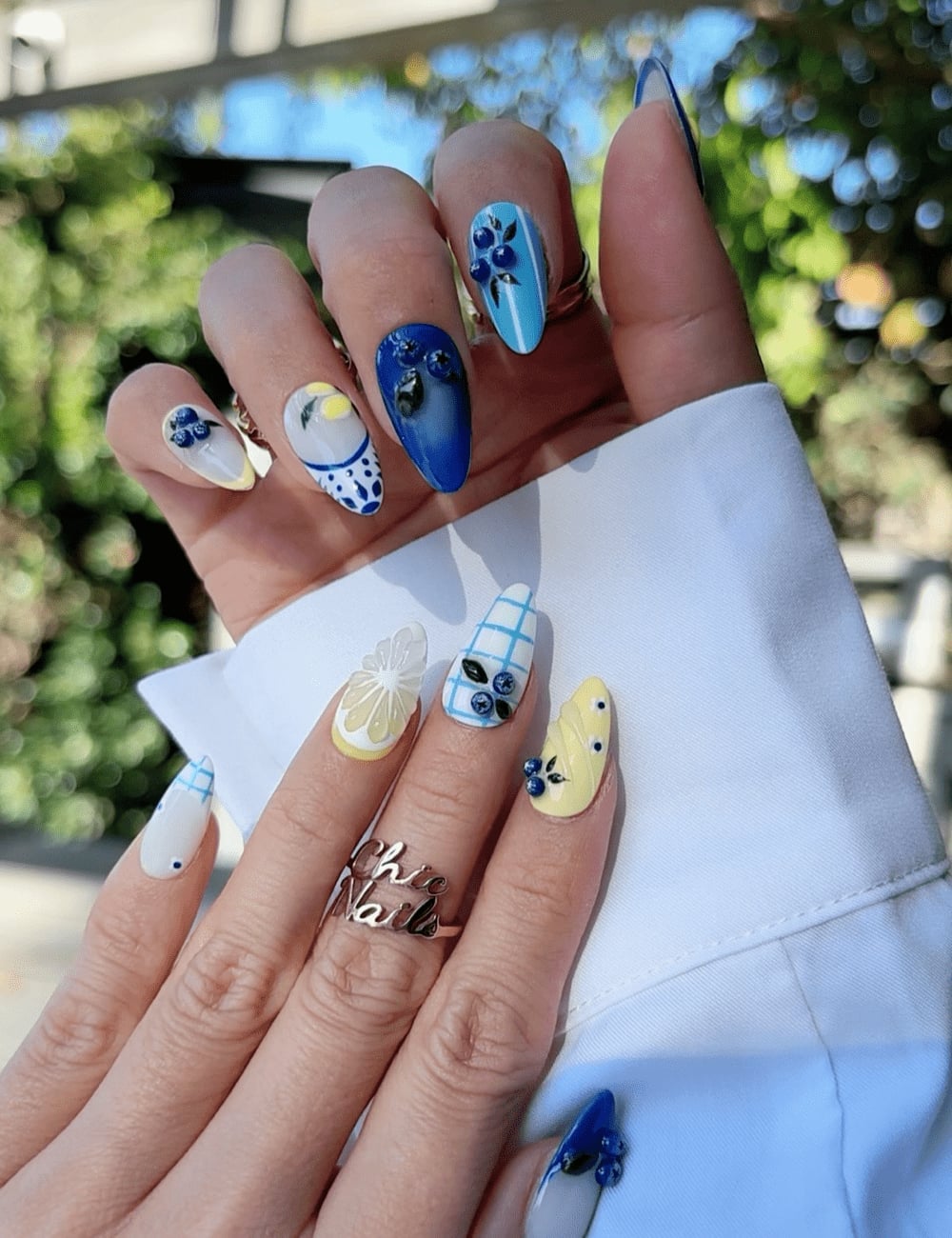 Summer Theme Blue and Yellow Long Stiletto Nails — Cute Gel X Nails
