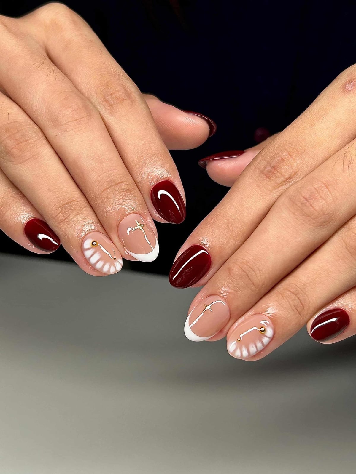 Deep Red and Floral Art Short Oval Nails — Cute Gel X Nails