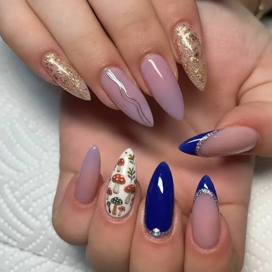 Mushroom Art and Gold Foil Long Almond Nails — Cute Gel X Nails