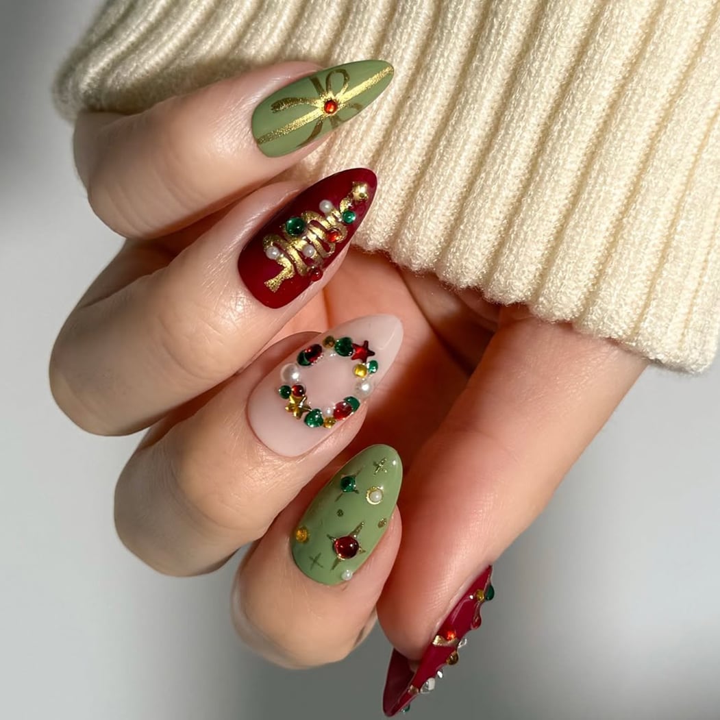 Festive Christmas Long Almond Nails — Cute Gel X Nails