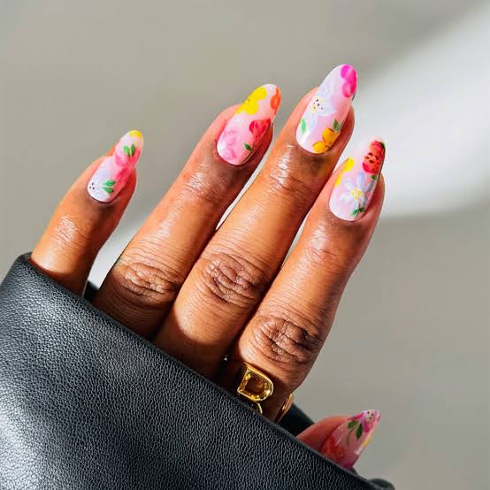 Vibrant Floral Painted Long Oval Nails — Cute Gel X Nails