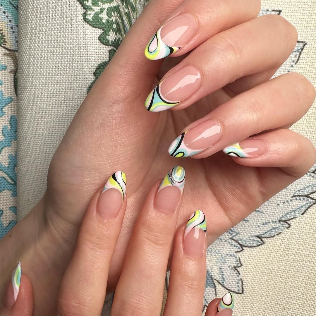 Abstract Wavy Line Art Long Almond Nails — Cute Gel X Nails