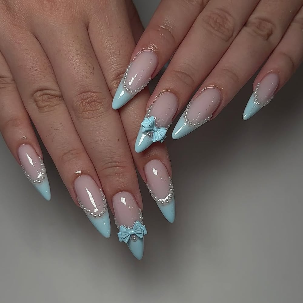 Baby Blue Bows and Pearls Long Almond Nails — Cute Gel X Nails