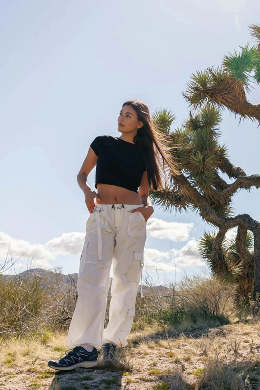 Black Crop Top and Baggy Cargo Pants with Sneakers — Cute Hiking Outfit Inspo