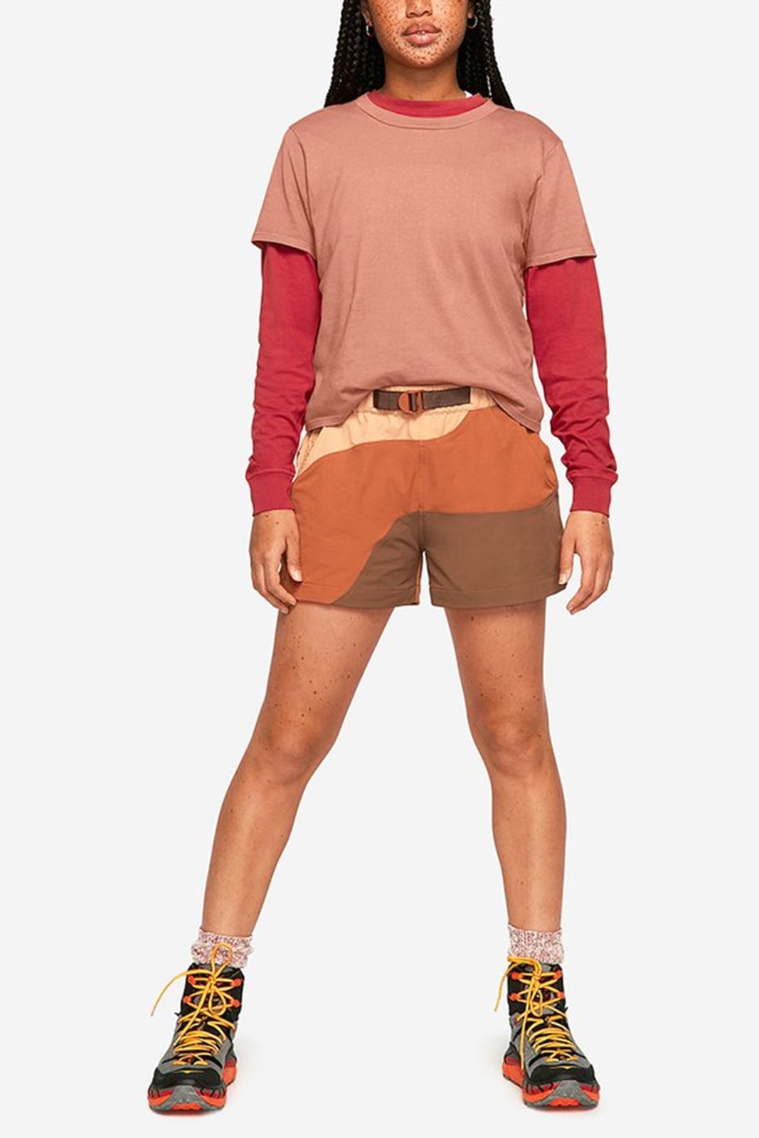 Layered Tops and Color-Blocked Shorts with Bright Boots — Cute Hiking Outfit Inspo