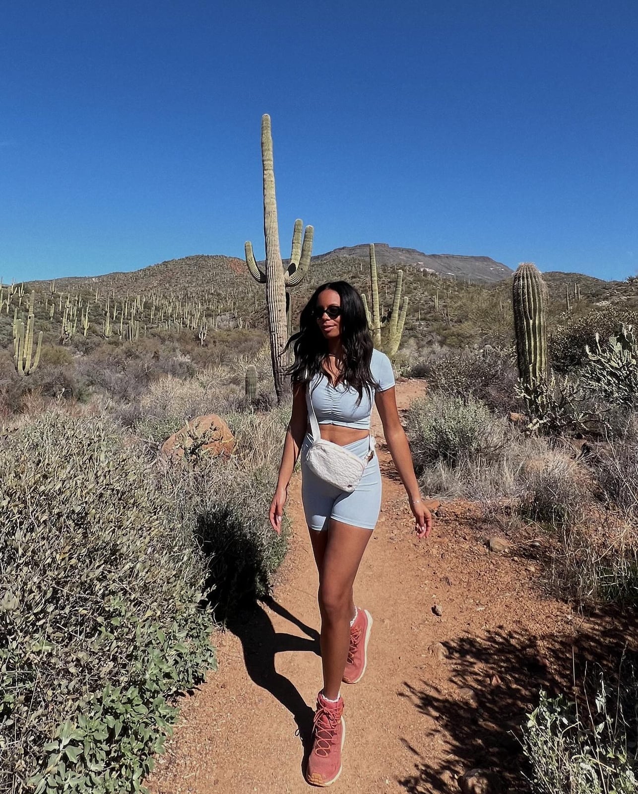 Matching Crop Top and Shorts Set with Pink Boots — Cute Hiking Outfit Inspo