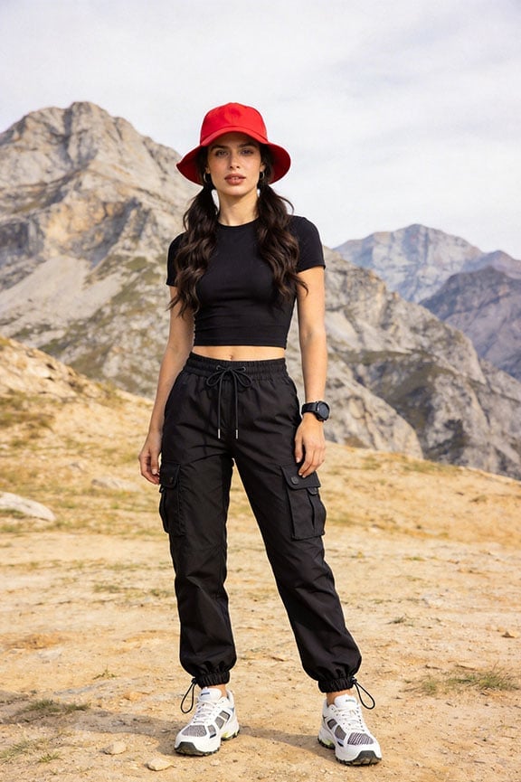 All-black Ensemble with a Bright Accent Hat — Cute Hiking Outfit Inspo