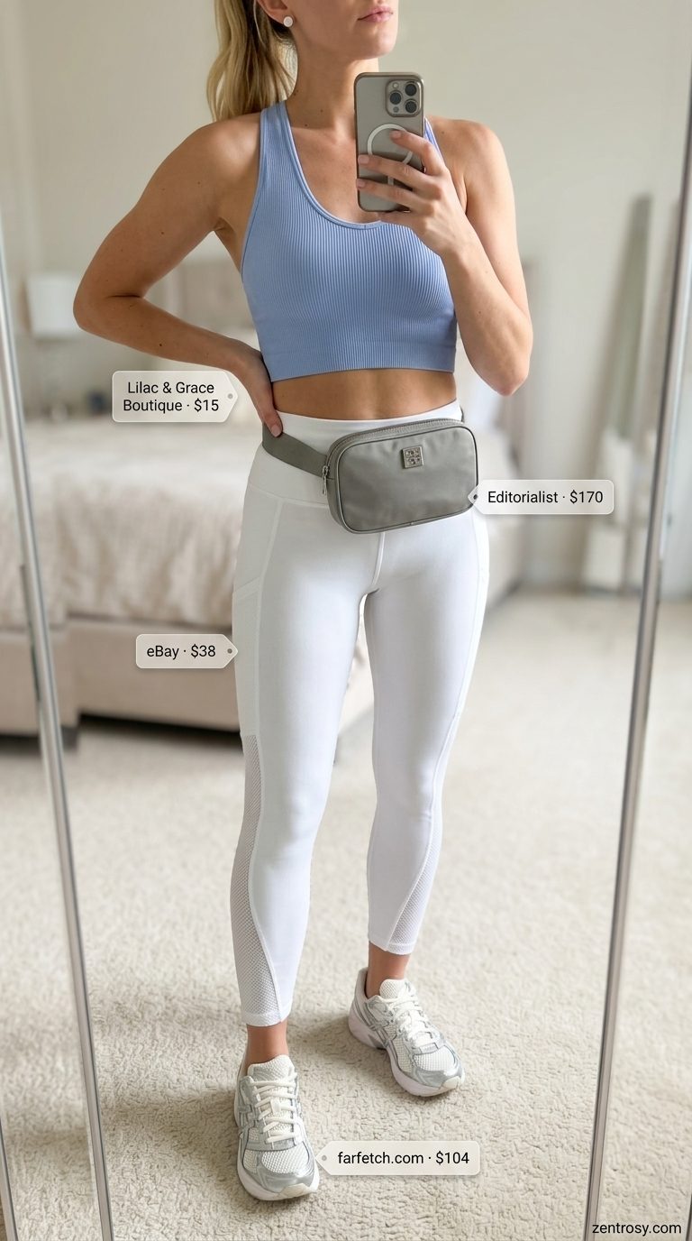 Cute legging outfits summer for women 2026: Pastel blue leggings, crop top, sneakers for athleisure.