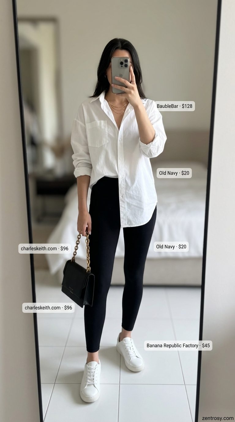 Cute legging outfits summer for women 2026: Black leggings, white shirt, sneakers for a city stroll.