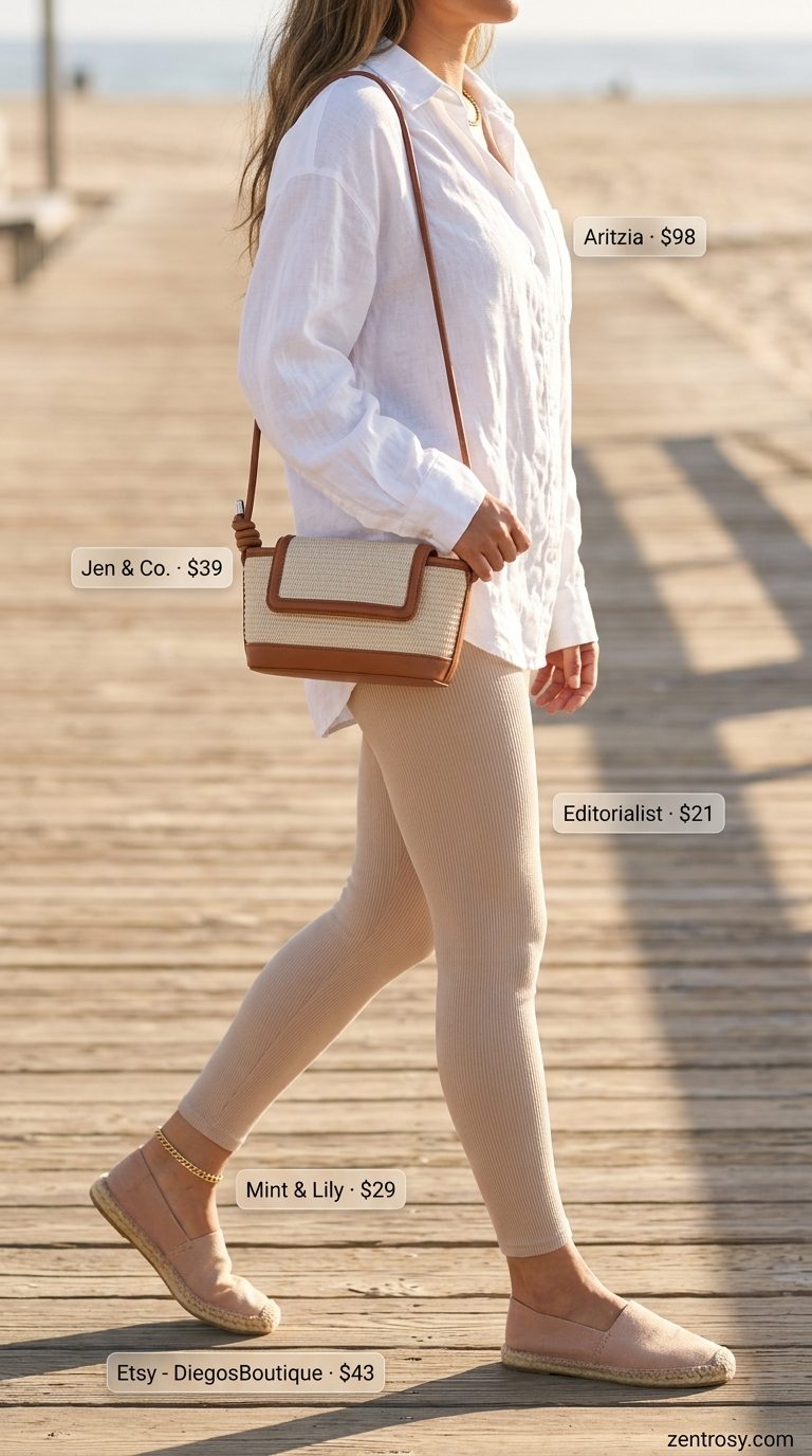 Cute legging outfits summer for women 2026: Cream leggings, linen shirt, espadrilles for coastal brunch.