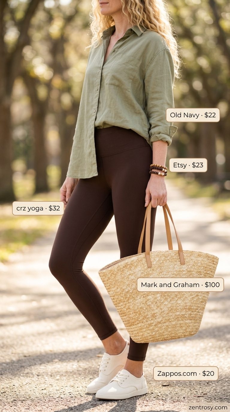 Cute legging outfits summer for women 2026: Brown leggings, sage green shirt, canvas sneakers for weekend.