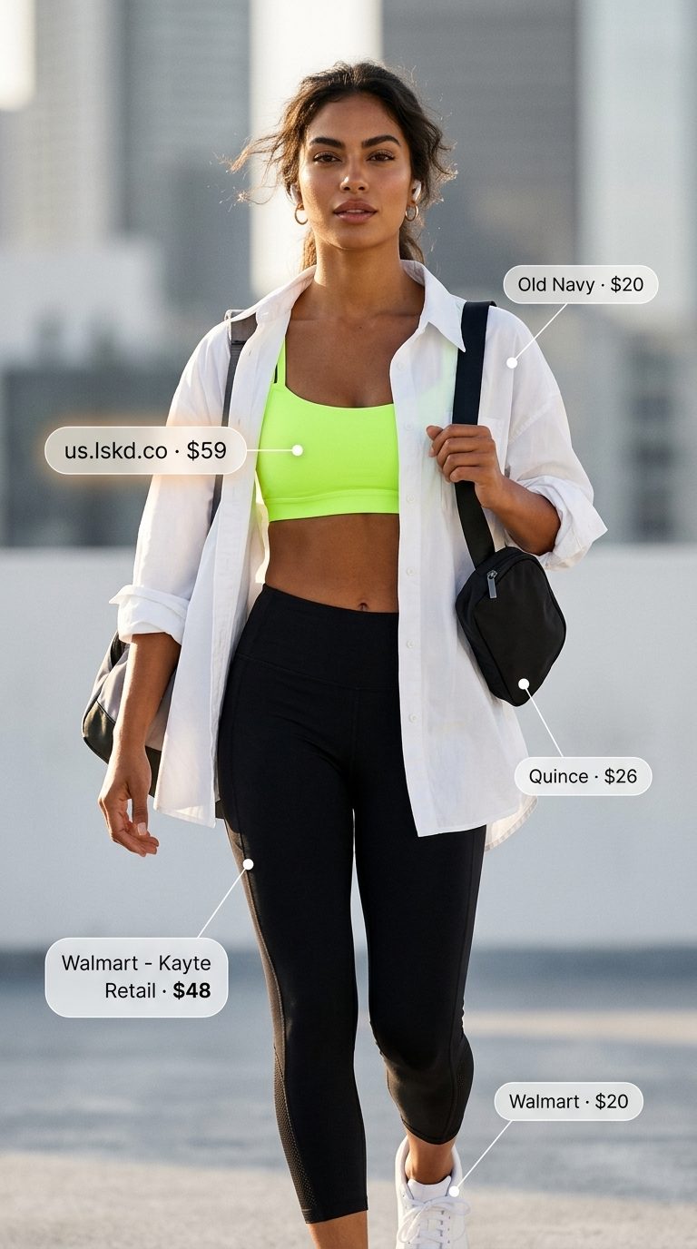 Cute legging outfits summer for women 2026: Black leggings, neon green sports bra, white shirt, and sneakers for brunch.