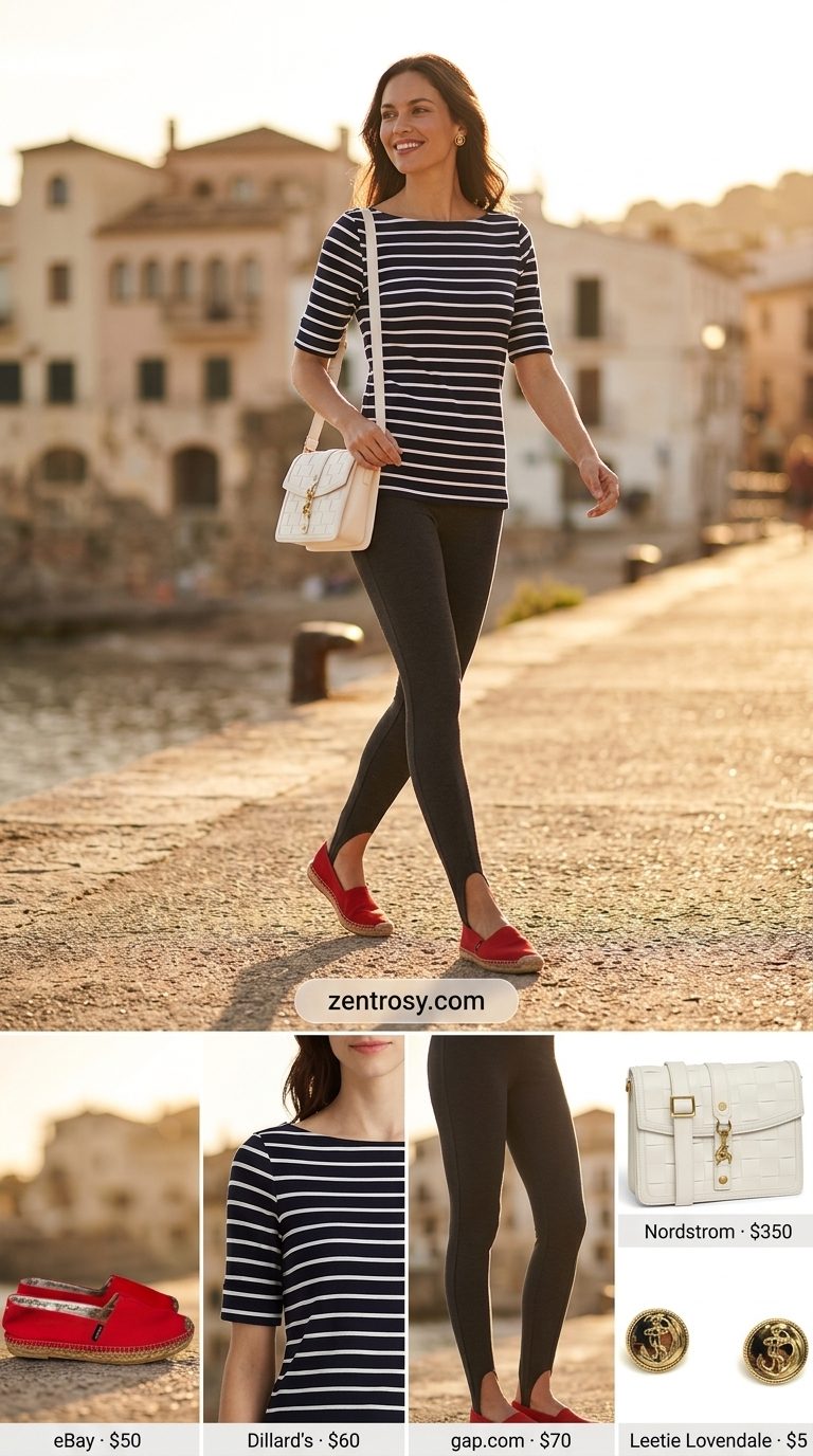 Cute legging outfits summer for women 2026: Navy stirrup leggings, striped tee, espadrilles for a coastal cruise.