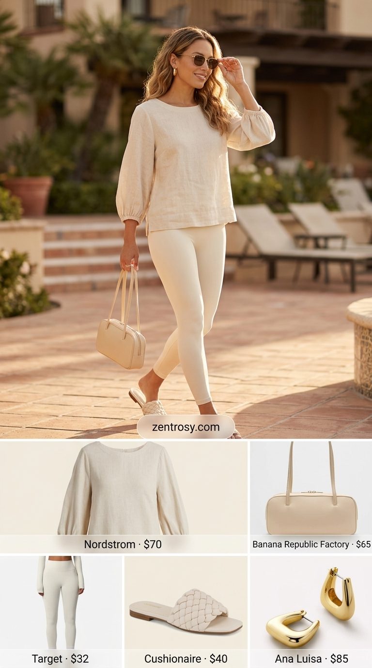 Cute legging outfits summer for women 2026: Cream leggings, linen blouse, slide sandals for resort wear.