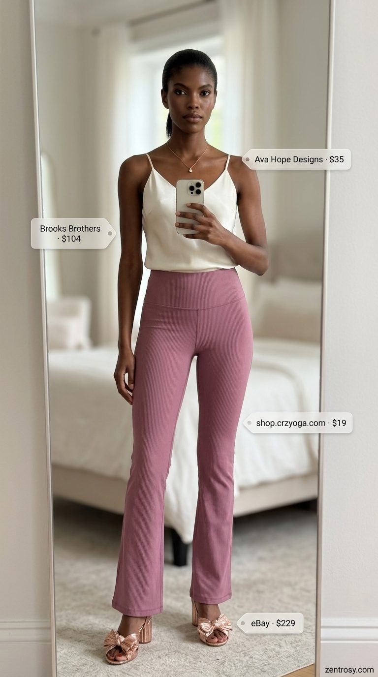 Cute legging outfits summer for women 2026: Mauve flared leggings, silk cami, heeled mules for a sunset dinner.