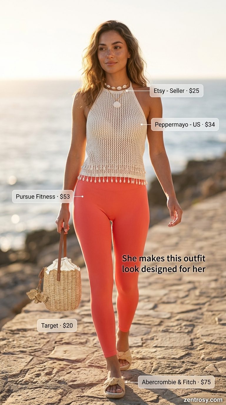 Cute legging outfits summer for women 2026: Coral leggings, crochet top, espadrilles for tropical vibes.