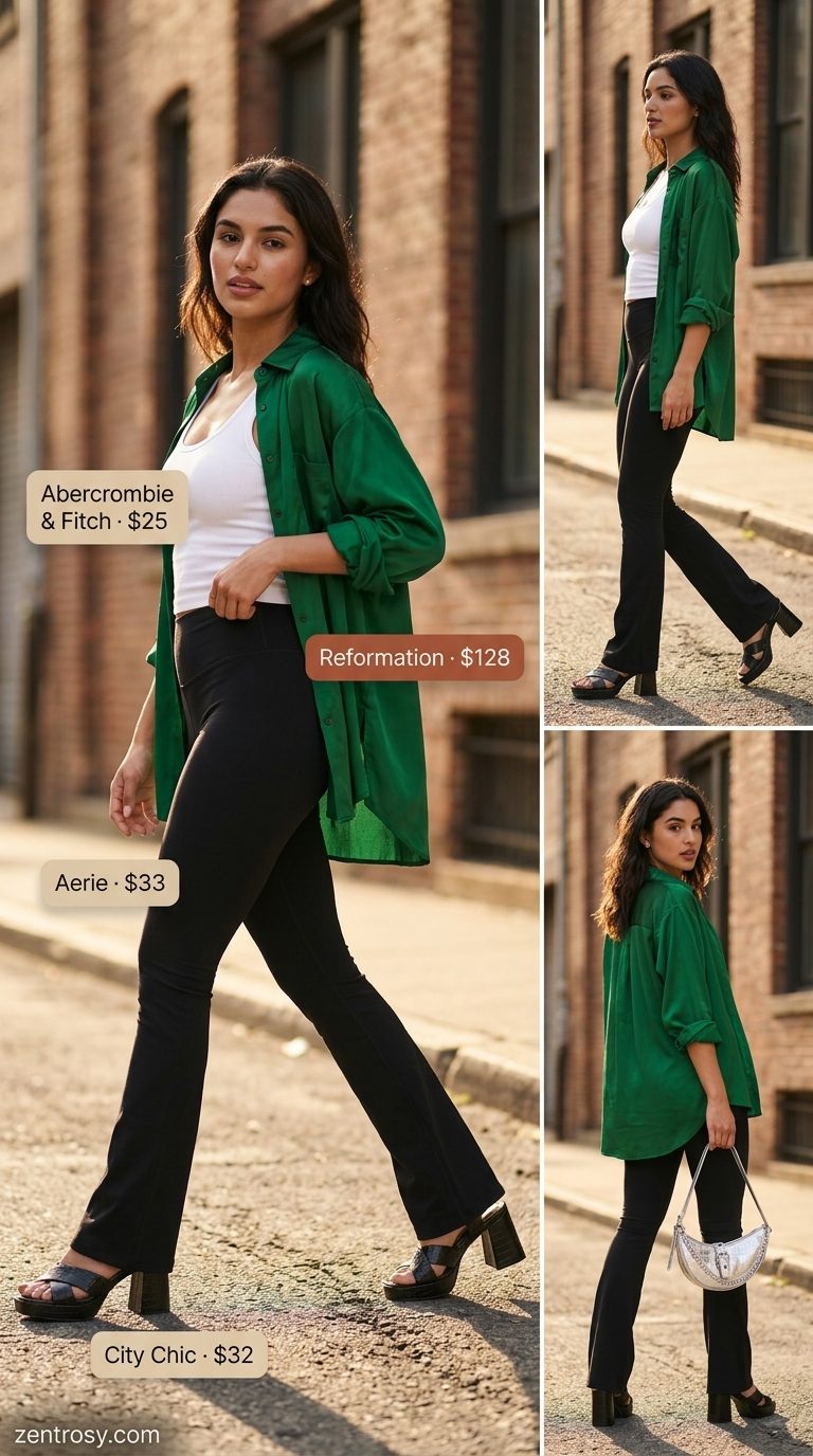 Cute legging outfits summer for women 2026: Black flared leggings with an emerald green oversized shirt for retro vibes.