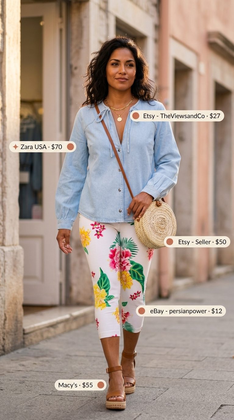 Cute legging outfits summer for women 2026: Floral leggings, denim shirt, espadrilles for garden party festival.