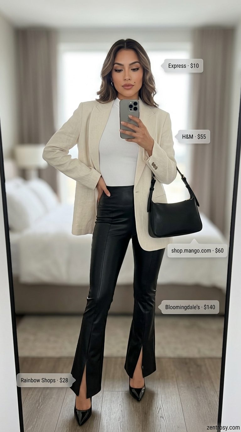 Cute legging outfits summer for women 2026: Black faux leather leggings, white mock neck top, oversized blazer for night out.