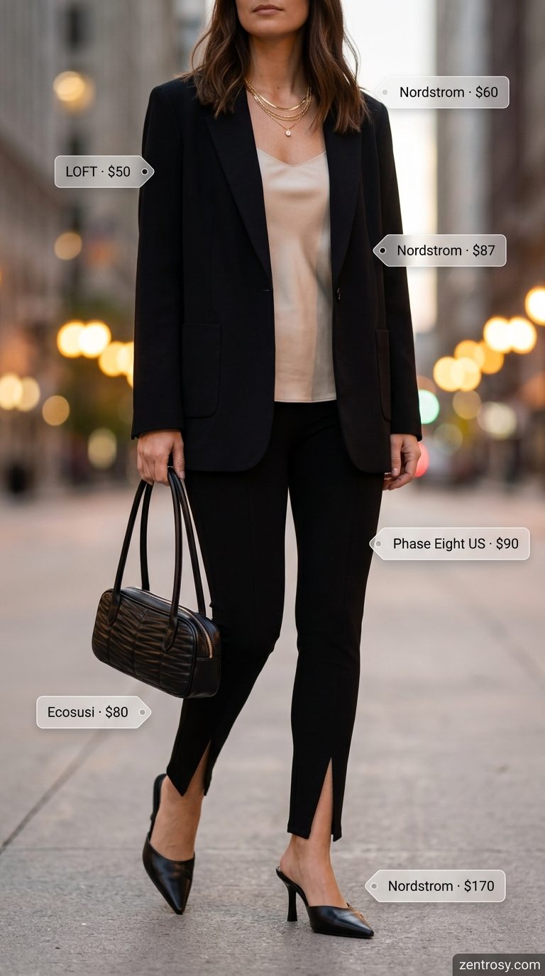 Cute legging outfits summer for women 2026: Black split-hem leggings, blush satin cami, oversized blazer for evening.