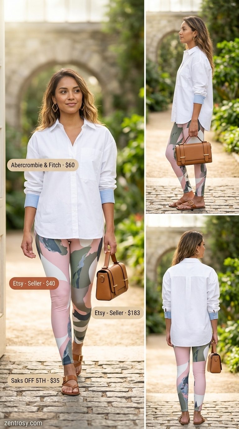 Cute legging outfits summer for women 2026: Muted floral leggings with a white oversized shirt for an artistic look.