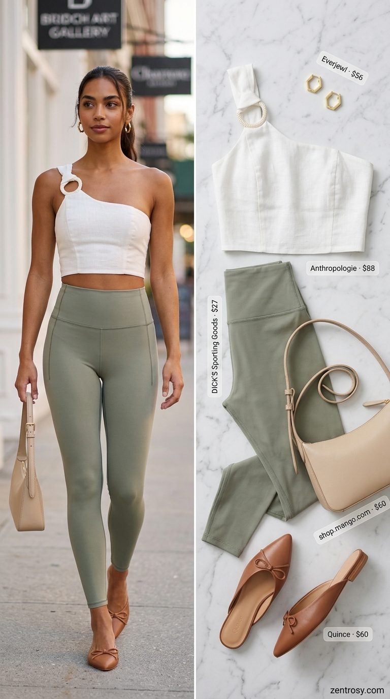 Cute legging outfits summer for women 2026: Sage green leggings, white one-shoulder top, tan mules for gallery visit.