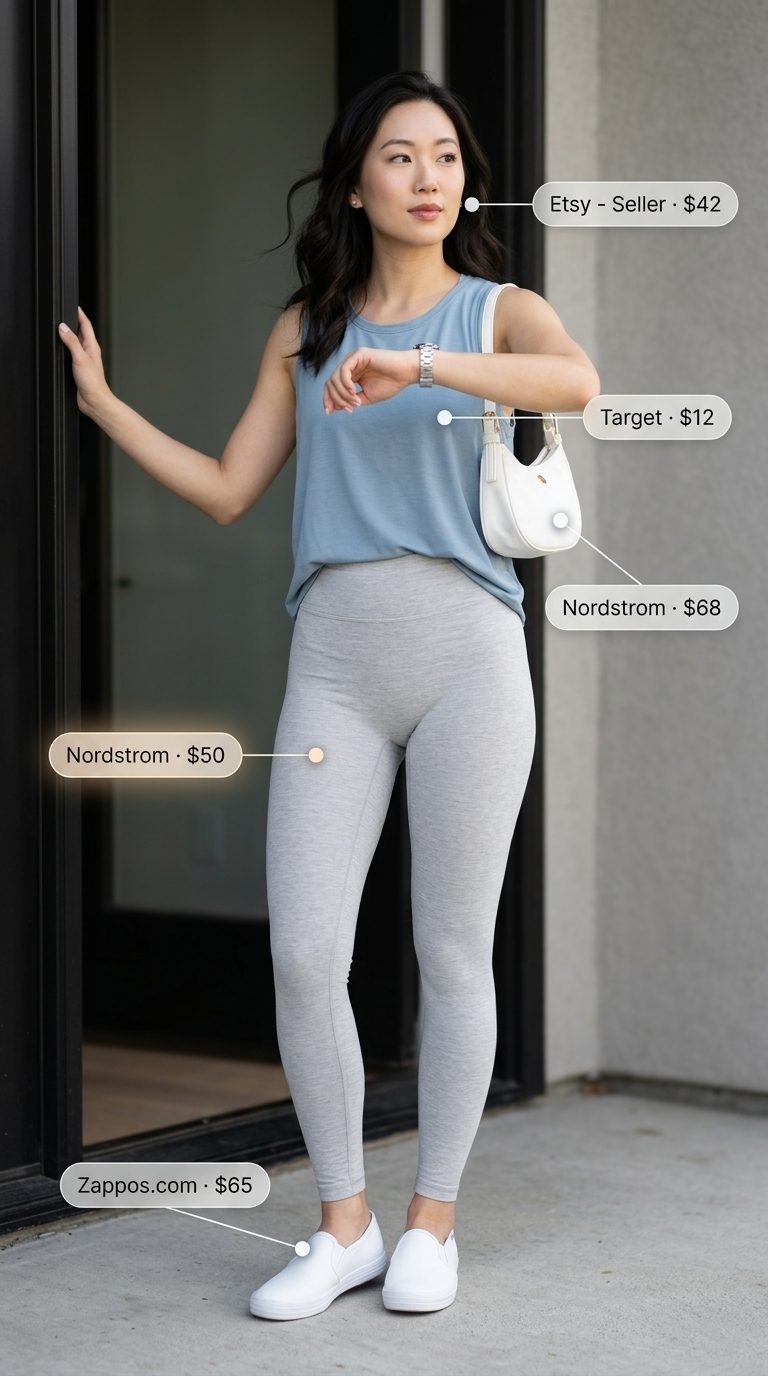 Cute legging outfits summer for women 2026: Grey seamless leggings with a sky blue tank and white bag for relaxed weekends.