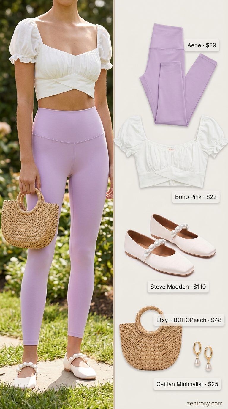 Cute legging outfits summer for women 2026: Lavender leggings with a white puff-sleeve top for a whimsical picnic.
