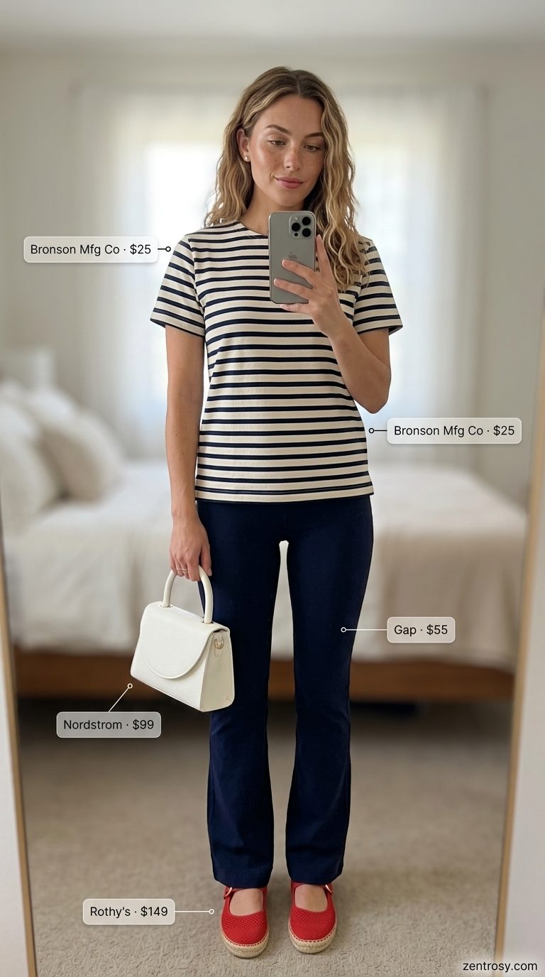 Cute legging outfits summer for women 2026: Navy bootcut leggings, Breton stripe tee, espadrille flats for seaside.