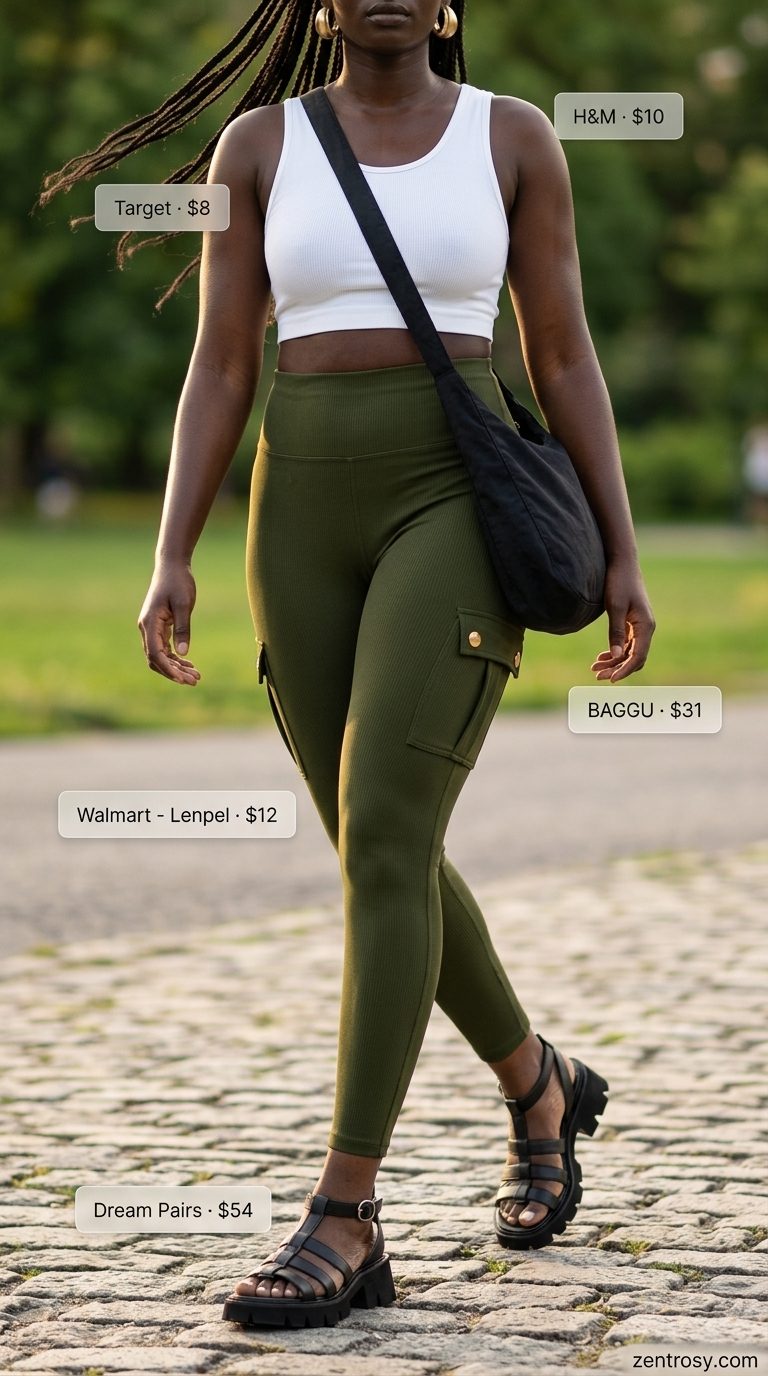 Cute legging outfits summer for women 2026: Olive green cargo leggings with a white crop tank for utility chic style.