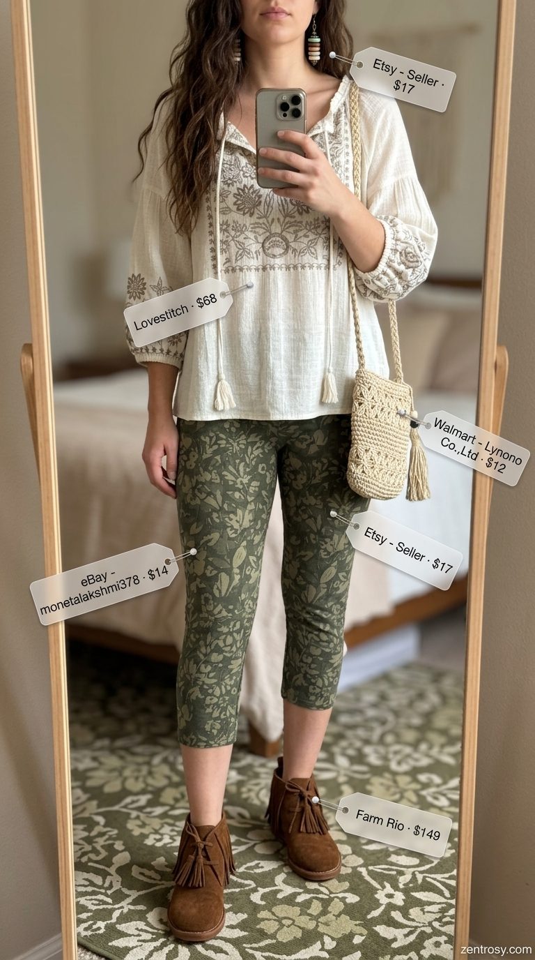 Cute legging outfits summer for women 2026: Olive green floral capri leggings with a cream peasant blouse for boho vibes.