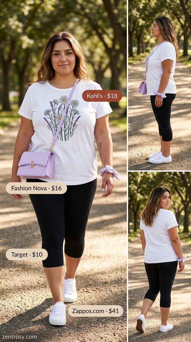 Cute legging outfits summer for women 2026: Black capri leggings, lavender crossbody, whimsical graphic tee for picnic.