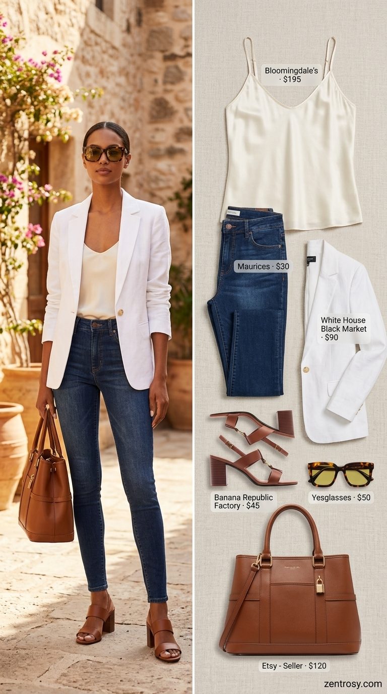 Cute legging outfits summer for women 2026: Indigo jeggings, white linen blazer, silk cami for resort lunch.