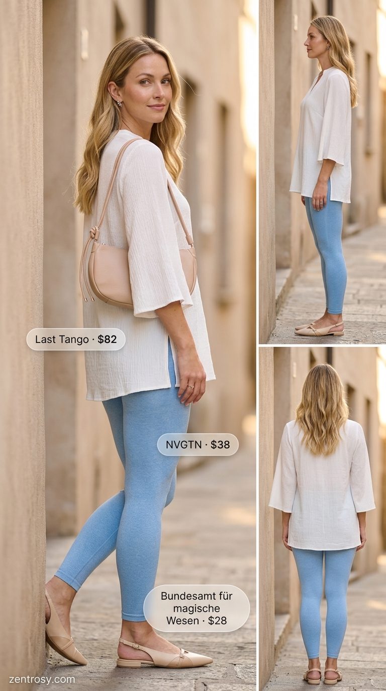 Cute legging outfits summer for women 2026: Sky blue seamless leggings with a white tunic top for a soft, romantic look.