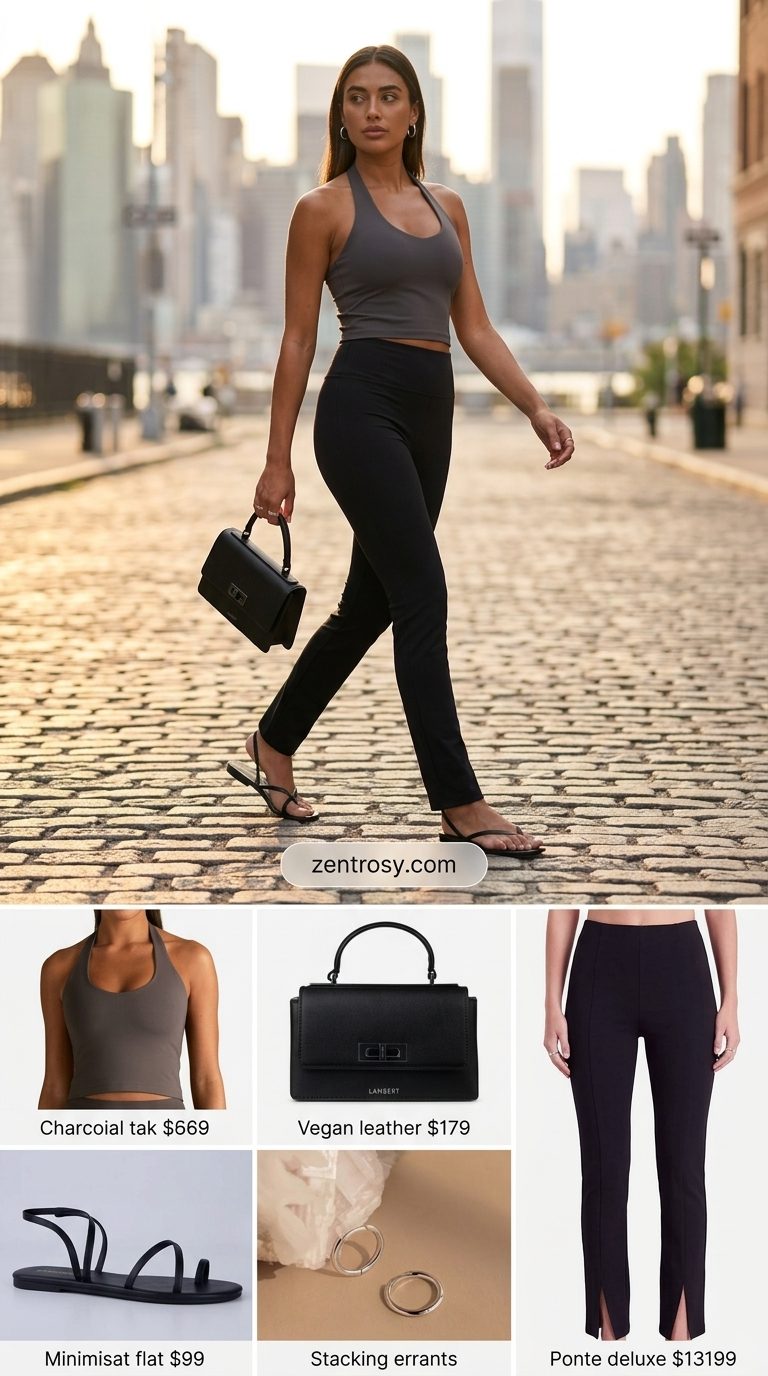 Cute legging outfits summer for women 2026: Black split-hem leggings, charcoal halter top, minimalist sandals for evening.