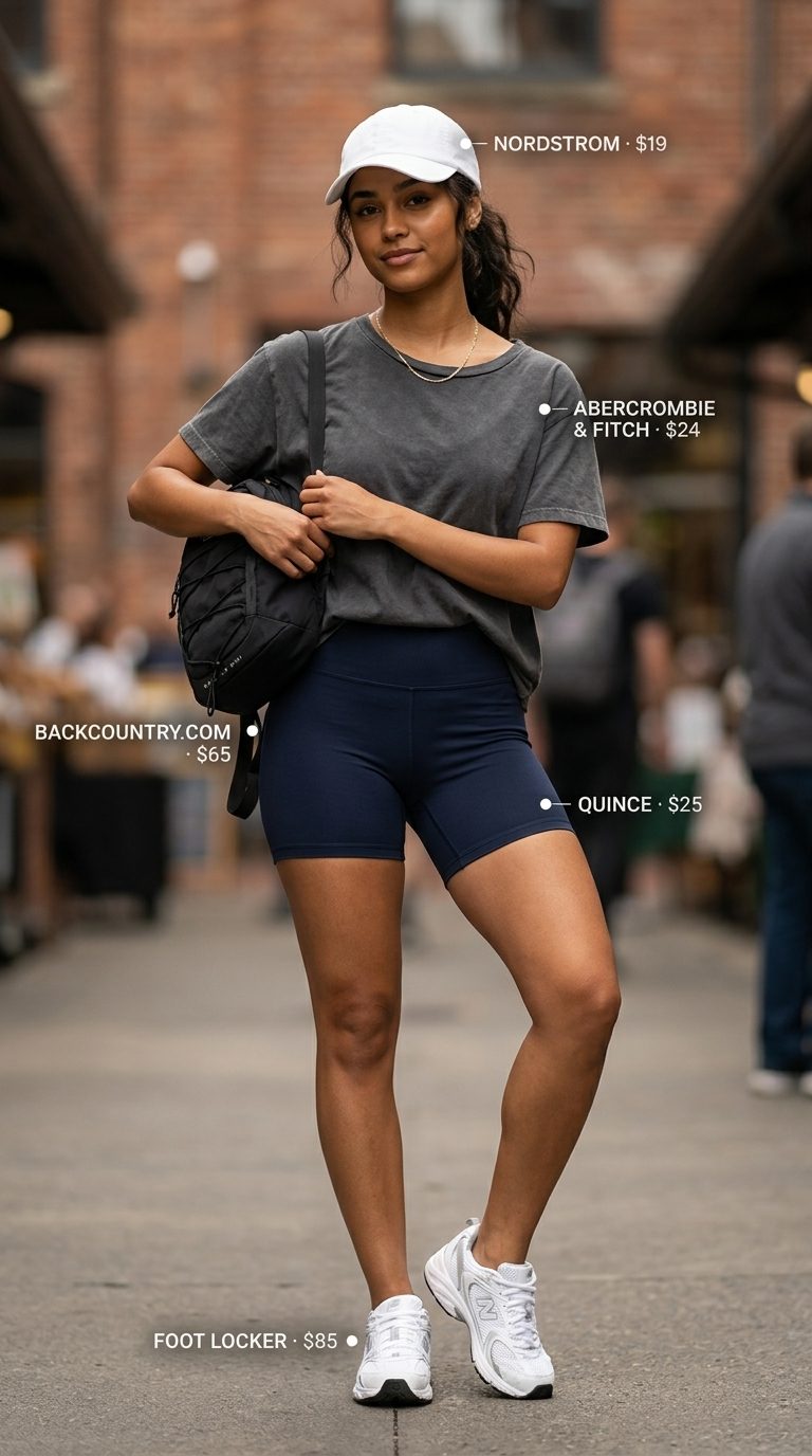 Cute legging outfits summer for women 2026: Oversized graphic tee, navy bike shorts, baseball cap for city exploration.