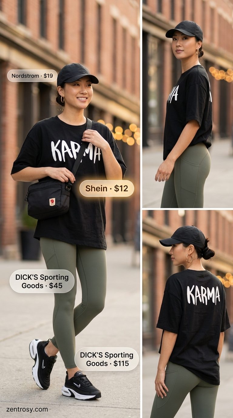 Cute legging outfits summer for women 2026: Olive performance leggings, black graphic tee, crossbody bag for urban exploration.