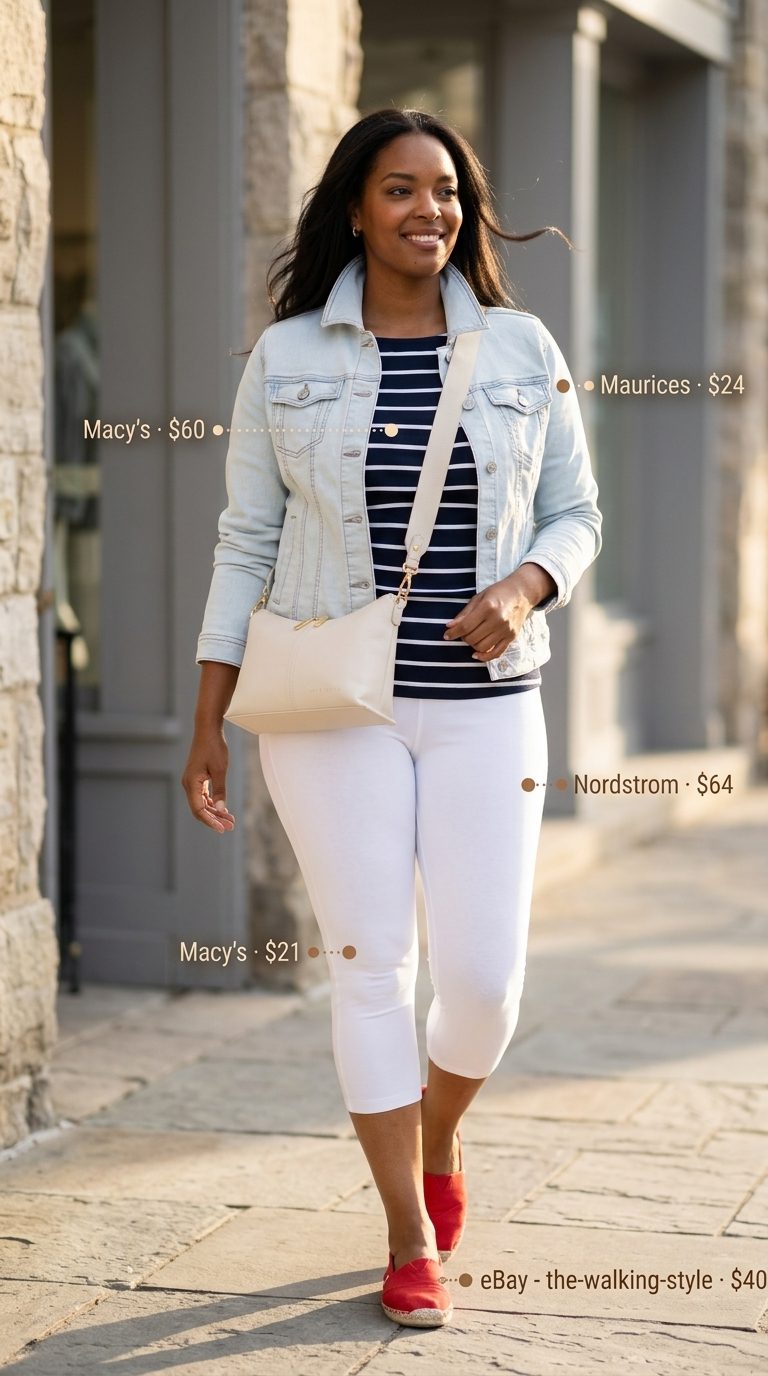 Cute legging outfits summer for women 2026: White capri leggings with a navy and white striped boat neck top for a nautical look.